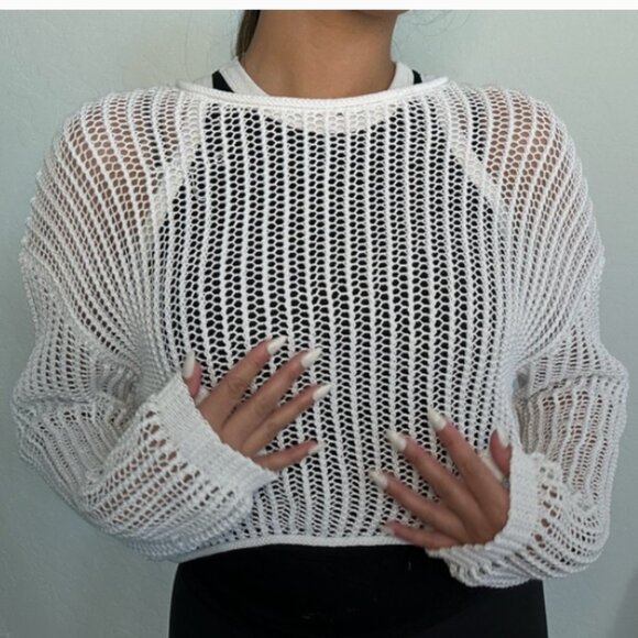 White Fish Net Sweater Long Sleeve Sz L China - Picture 1 of 8